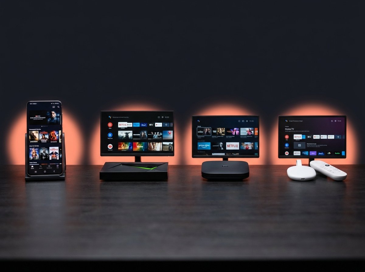 Android device ecosystem for adult IPTV: Samsung Galaxy, NVIDIA Shield, Xiaomi Mi Box, Chromecast